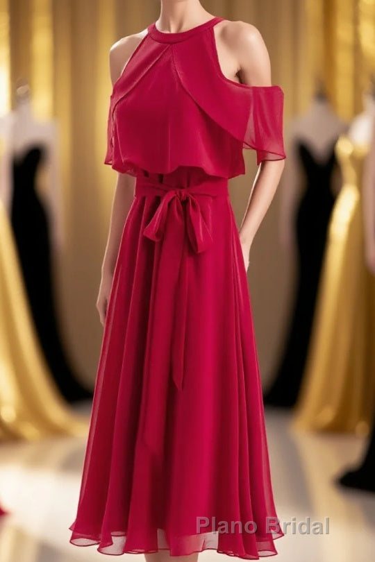 Red Chiffon Cold Sleeves Short Ruffles Bridesmaid Dresses Main image