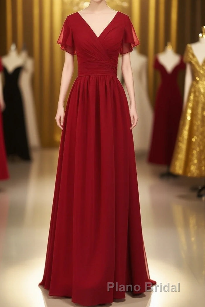 Red Chiffon V-Neck Ruffled A-Line Long Bridesmaid Dresses Main image