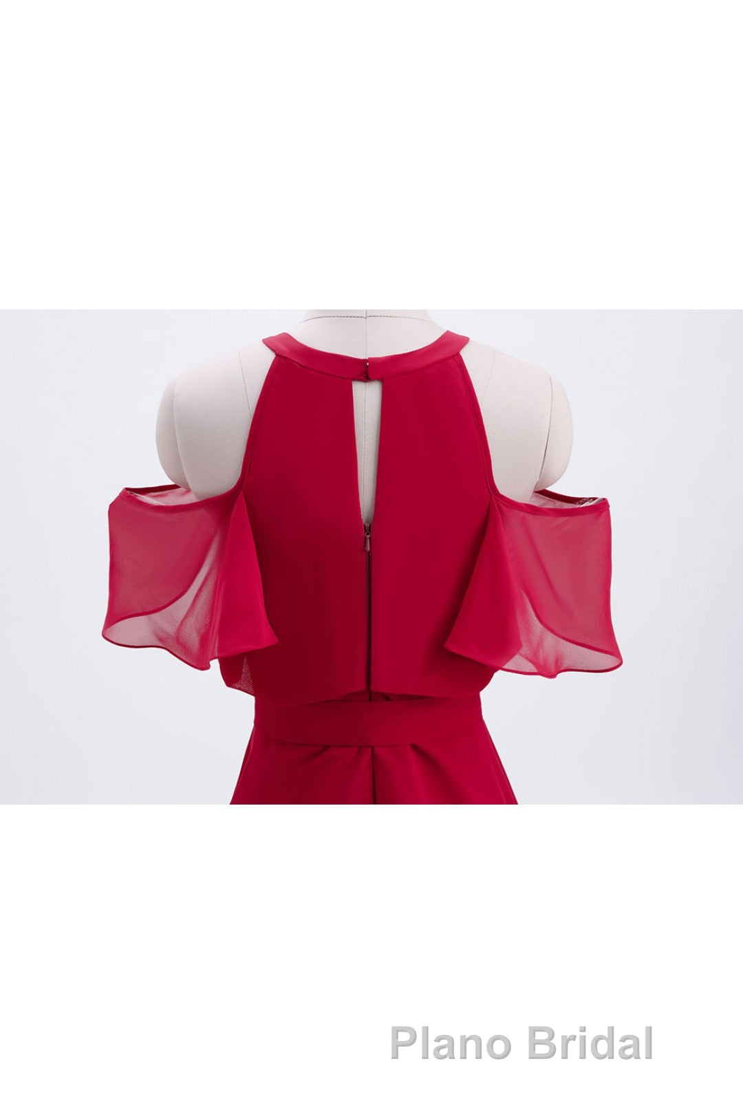 Red Chiffon Cold Sleeves Short Ruffles Bridesmaid Dresses