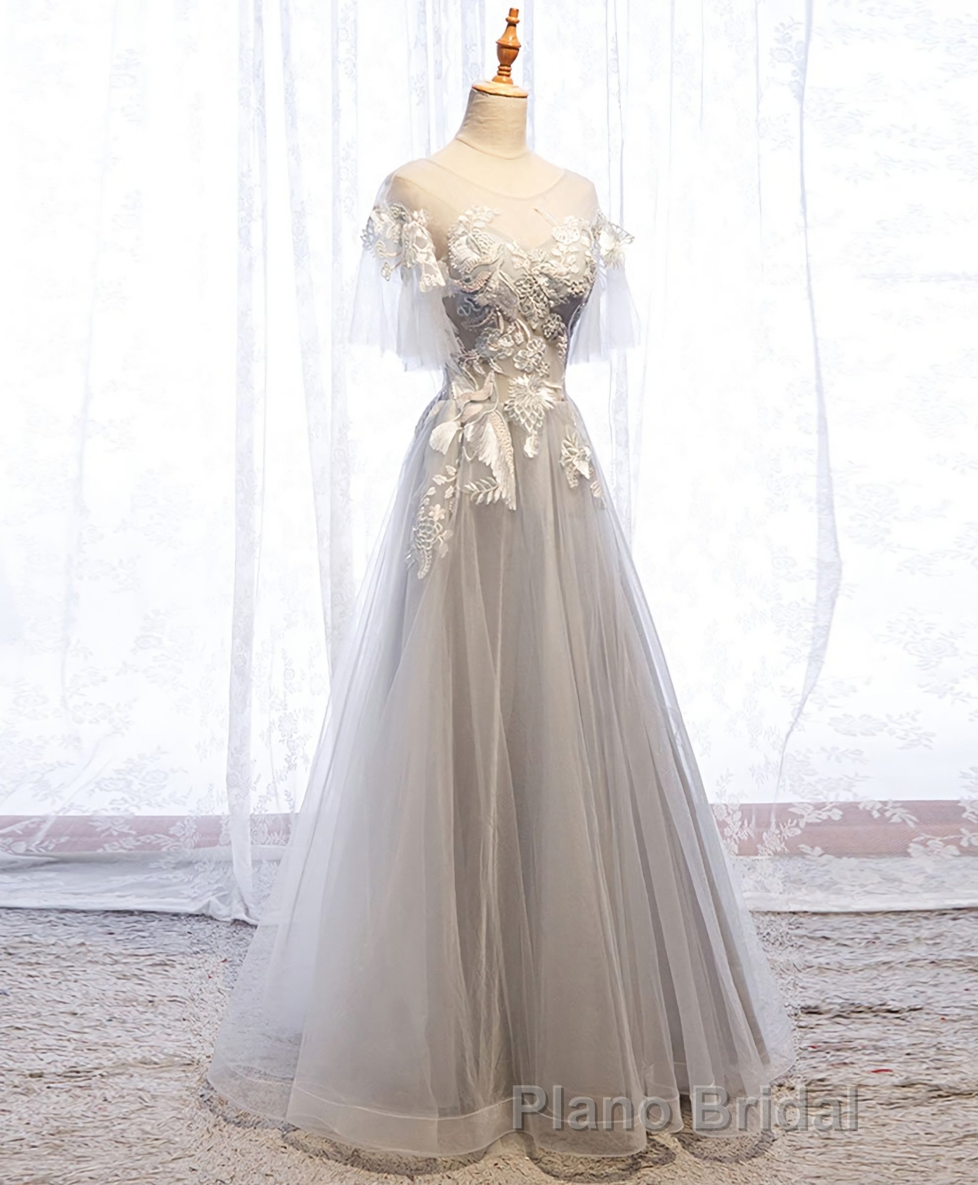 Gray Tulle Lace Long Formal Prom Dresses, Gray Tulle Lace Evening Dresses, 5