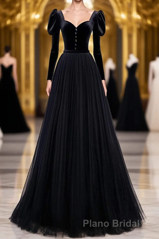 Black Tulle Long Formal Prom Dresses, Black Tulle Prom Dresses