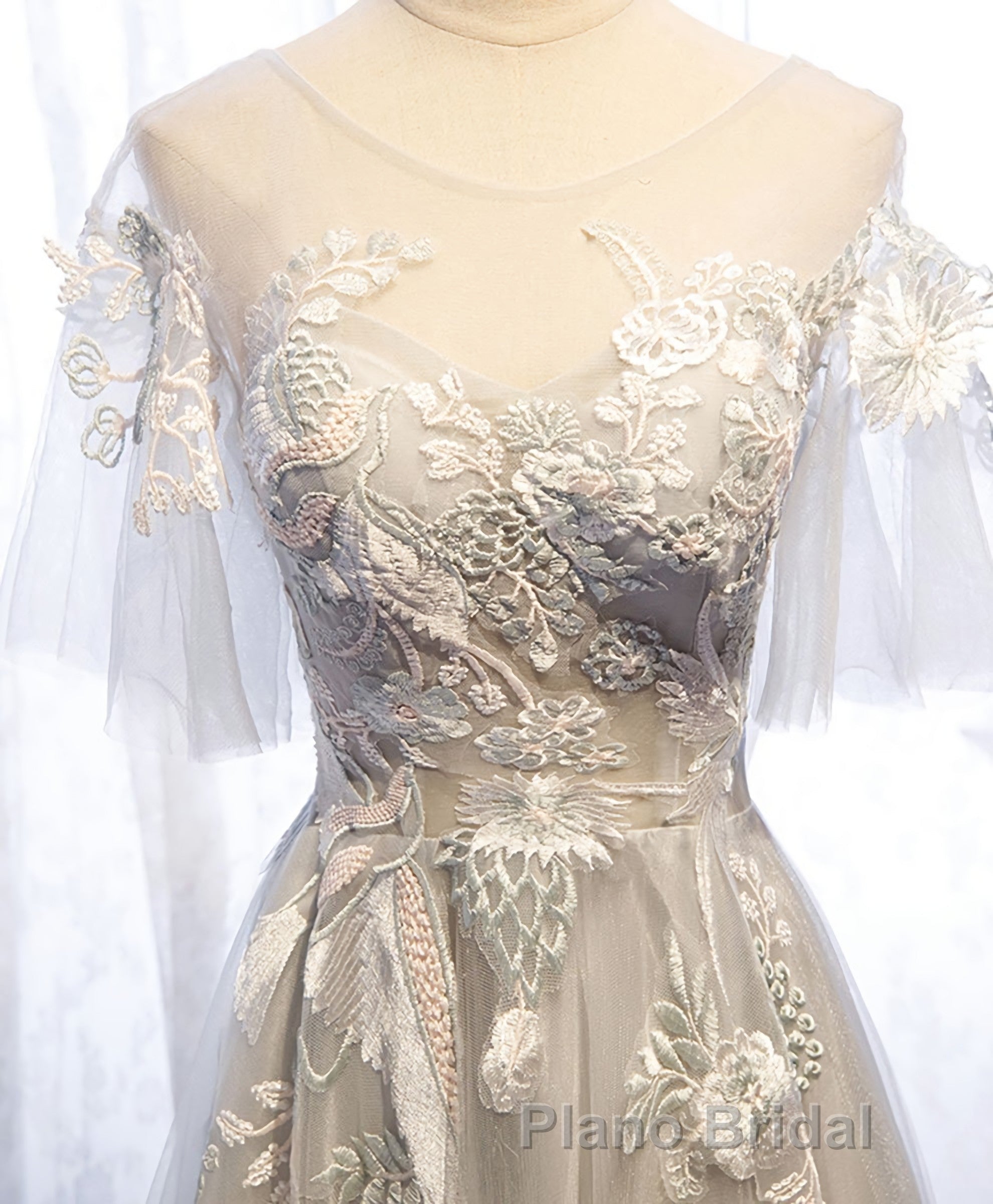 Gray Tulle Lace Long Formal Prom Dresses, Gray Tulle Lace Evening Dresses, 5