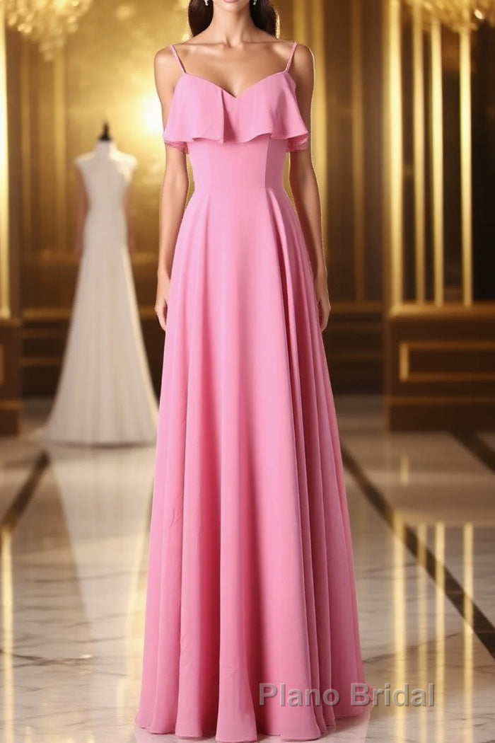 Pink Chiffon Straps Ruffled A-Line Long Bridesmaid Dresses Main image