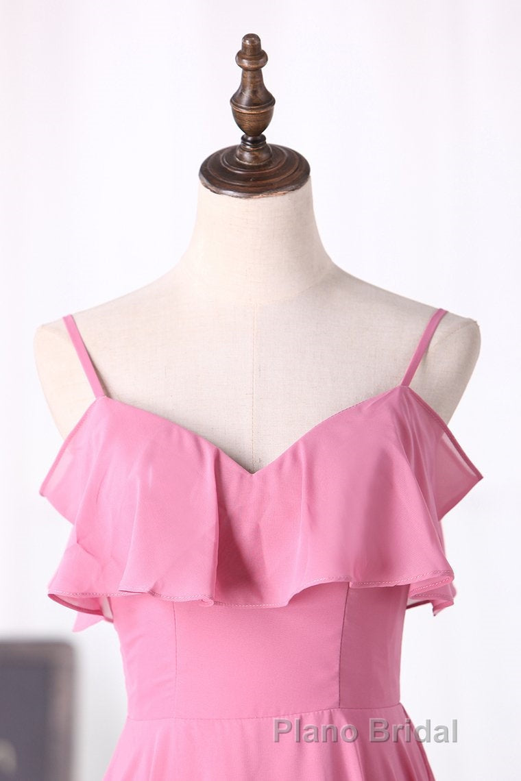 Pink Chiffon Straps Ruffled A-Line Long Bridesmaid Dresses Secondary image