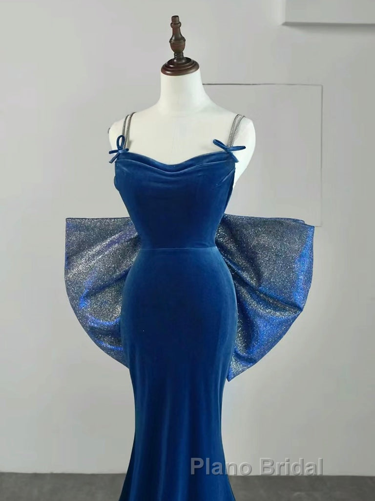 Simple Velvet Blue Mermaid Long Formal Prom Dress, Backless Velvet Blue Evening Dress Secondary image