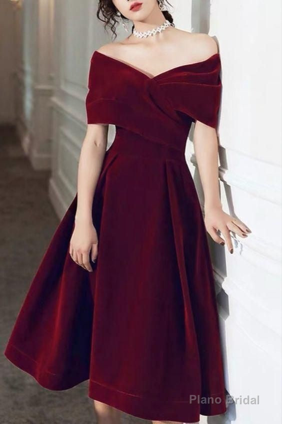 Beautiful Wine Red Velvet Tea Length Party Dress, Bridesmaid Dress Main image