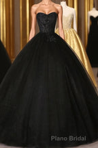 Black Sweetheart Neck Tulle Long Formal Prom Dresses, Black Evening Dresses