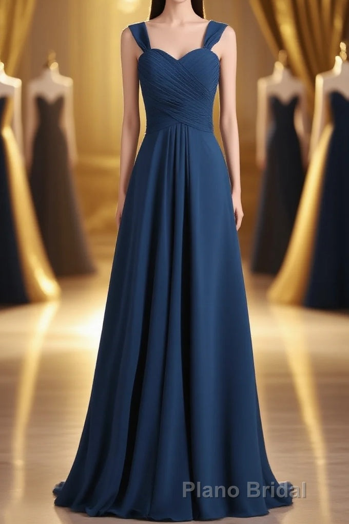 Navy Blue Chiffon Sweetheart A-Line Long Bridesmaid Dresses Main image