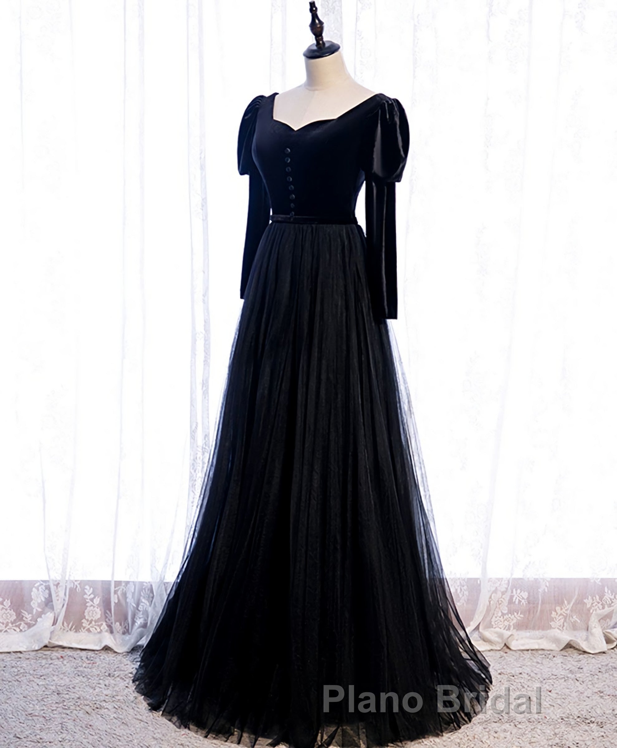 Black Tulle Long Formal Prom Dresses, Black Tulle Prom Dresses