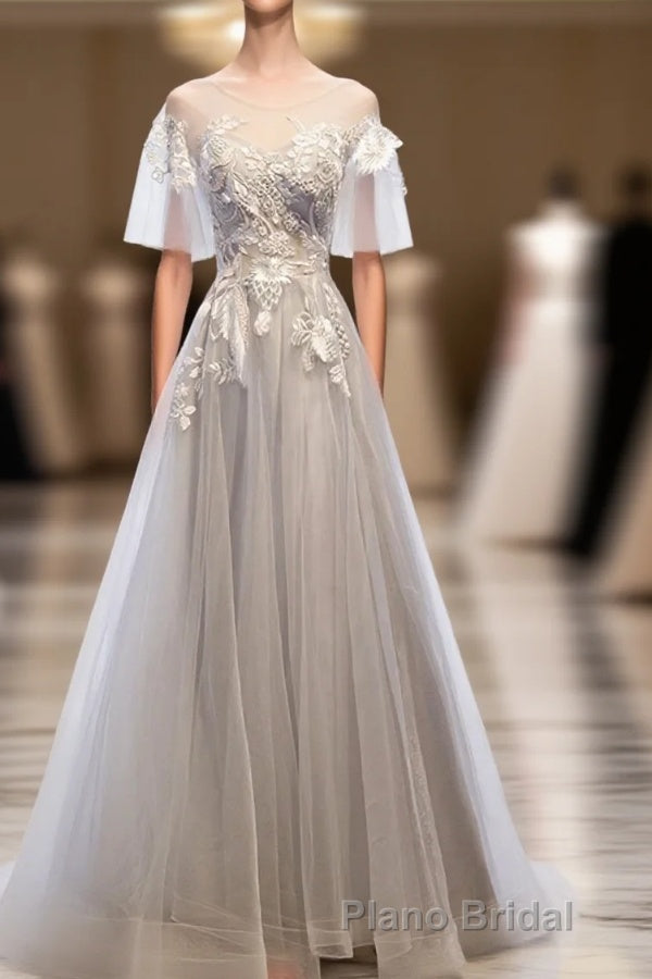 Gray Tulle Lace Long Formal Prom Dresses, Gray Tulle Lace Evening Dresses, 5 Main image