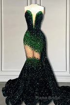 V-Neck Sequins Formal Prom Dress Mermaid Sleeveless Crystal.
