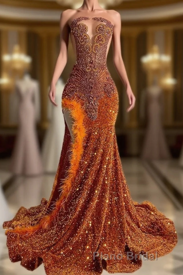 Mermaid Style Burnt Orange Sequins Formal Prom Dress with Side Slit Long Length Beadings and Feathers Main image