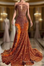Mermaid Style Burnt Orange Sequins Formal Prom Dress with Side Slit Long Length Beadings and Feathers