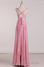 Pink V-Neck Lace-Up Long Bridesmaid Dresses