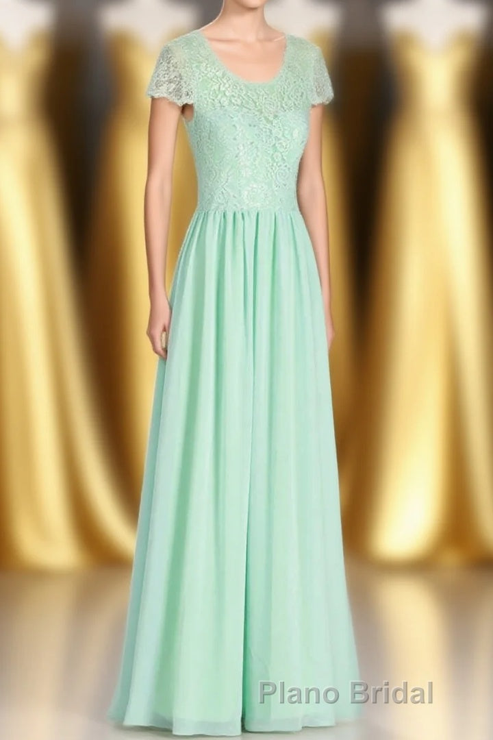 Sage Green Lace and Chiffon Cap Sleeve A-Line Long Bridesmaid Dresses Main image