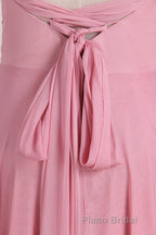 Pink V-Neck Lace-Up Long Bridesmaid Dresses
