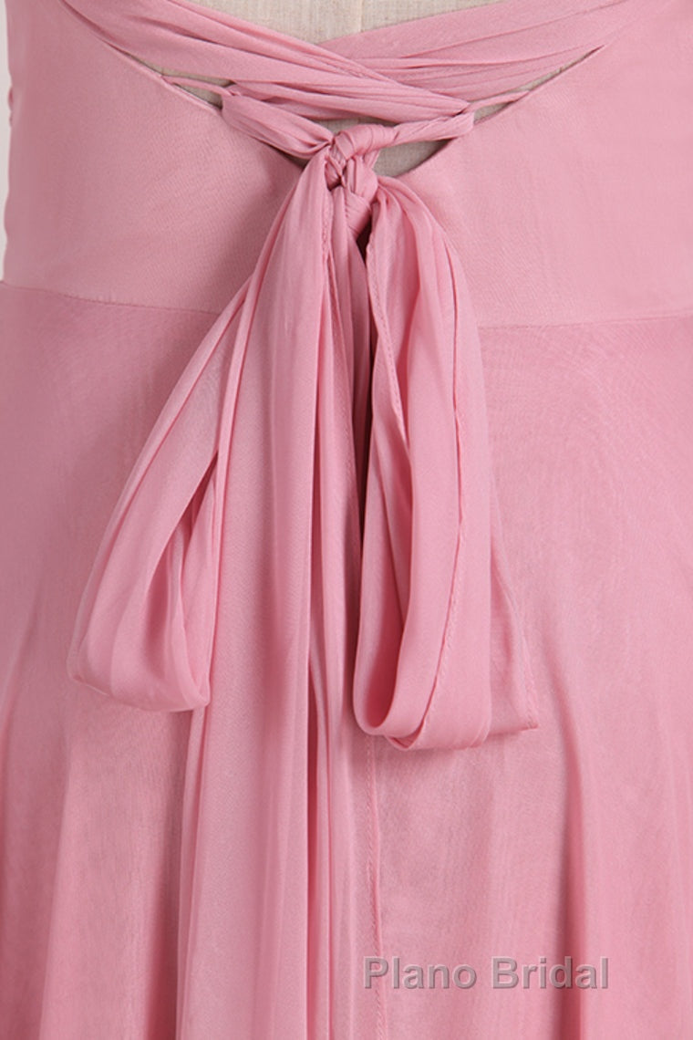Pink V-Neck Lace-Up Long Bridesmaid Dresses