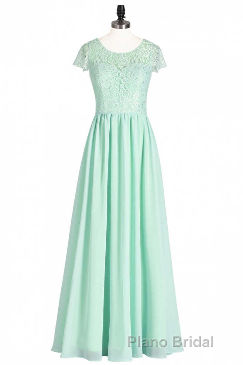 Sage Green Lace and Chiffon Cap Sleeve A-Line Long Bridesmaid Dresses