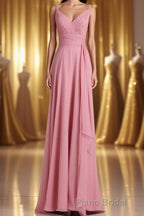 Pink V-Neck Lace-Up Long Bridesmaid Dresses