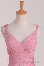 Pink V-Neck Lace-Up Long Bridesmaid Dresses