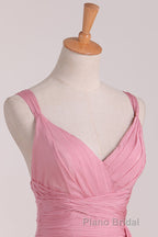 Pink V-Neck Lace-Up Long Bridesmaid Dresses