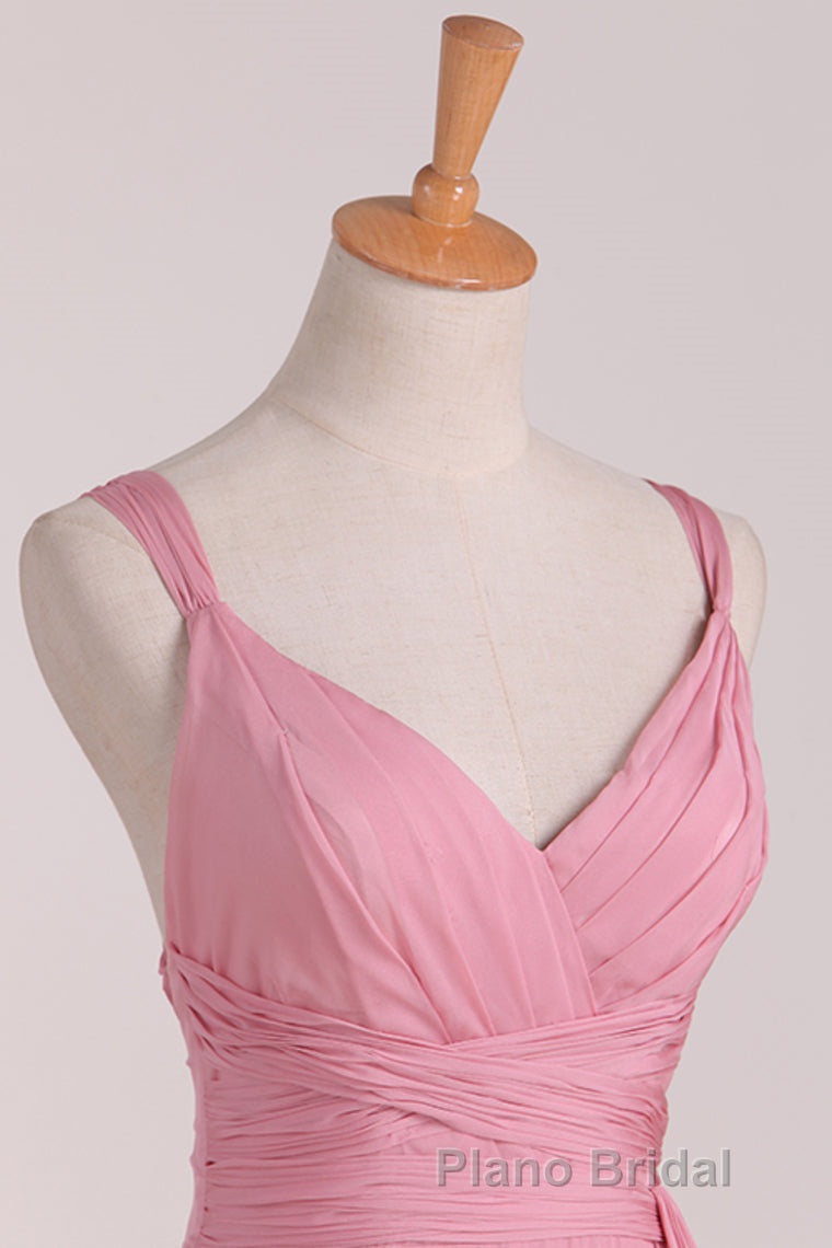 Pink V-Neck Lace-Up Long Bridesmaid Dresses