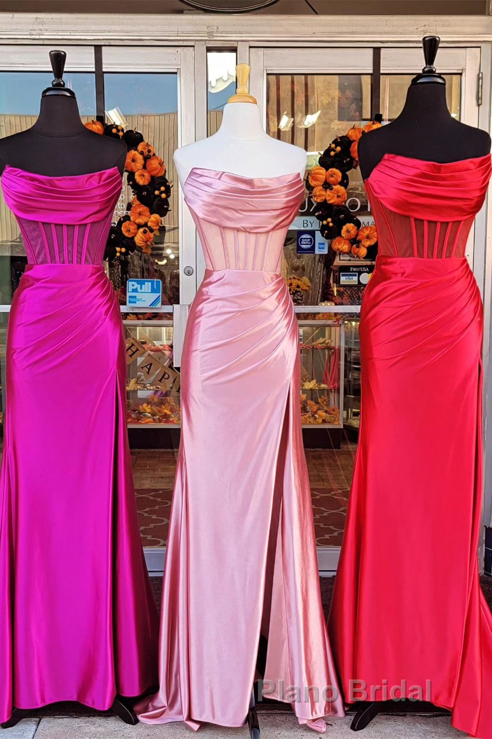 Black Strapless Mermaid Satin Long Formal Prom Dresses with Slit