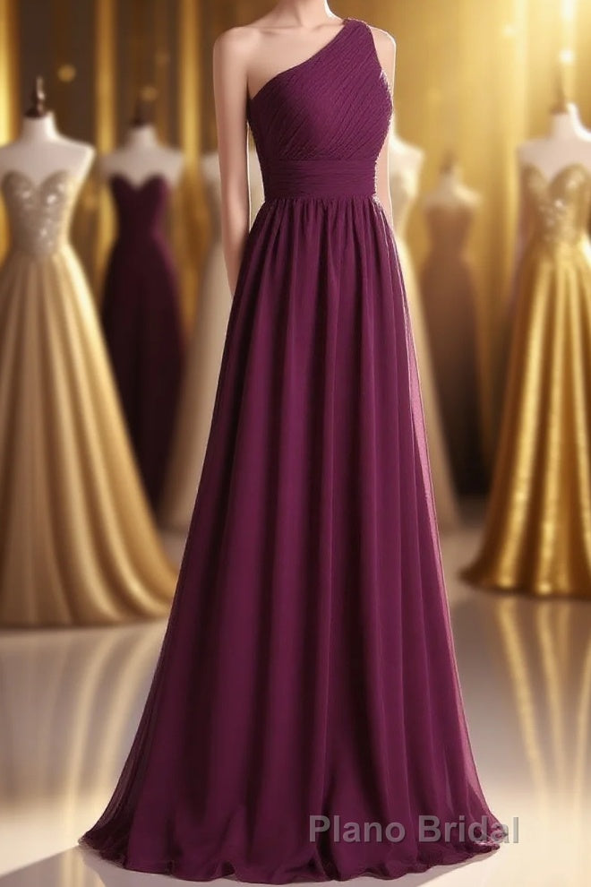 Magenta Chiffon One-Shoulder A-Line Long Bridesmaid Dresses