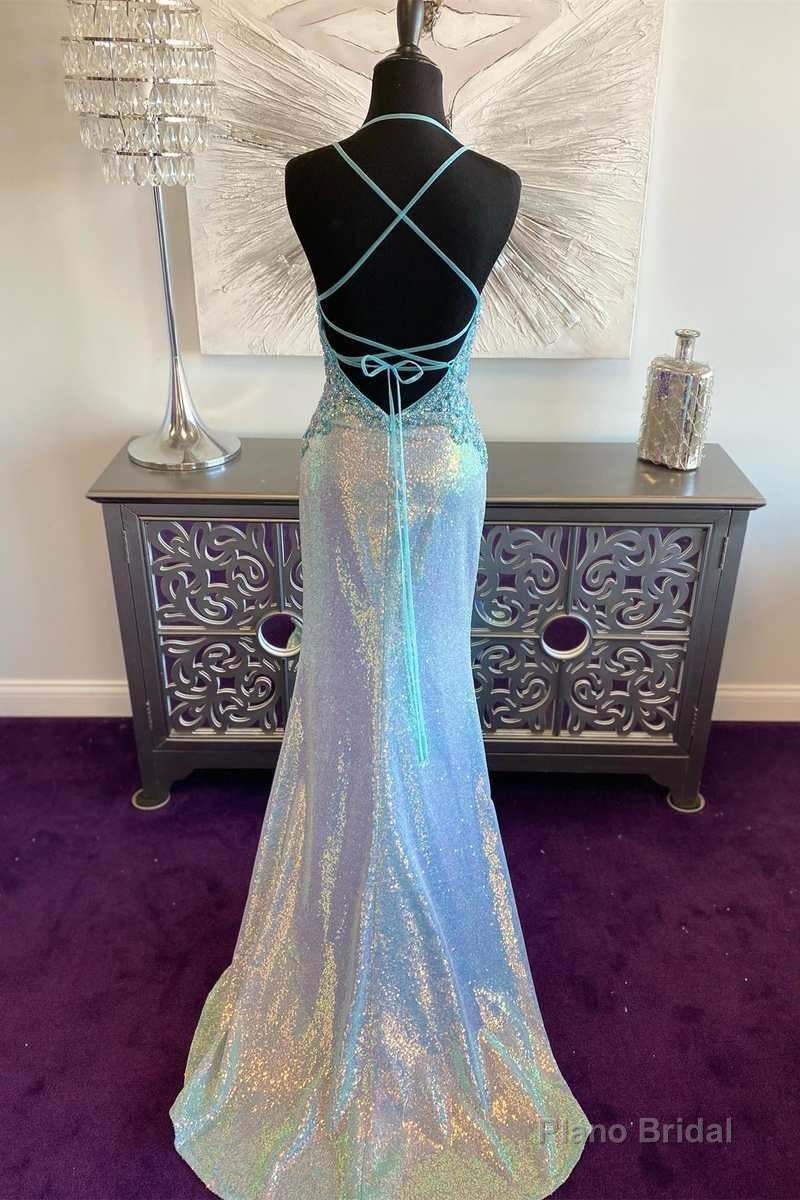 Blue Iridescent Sequin V-Neck Lace-Up Back Mermaid Long Prom Dress Main image