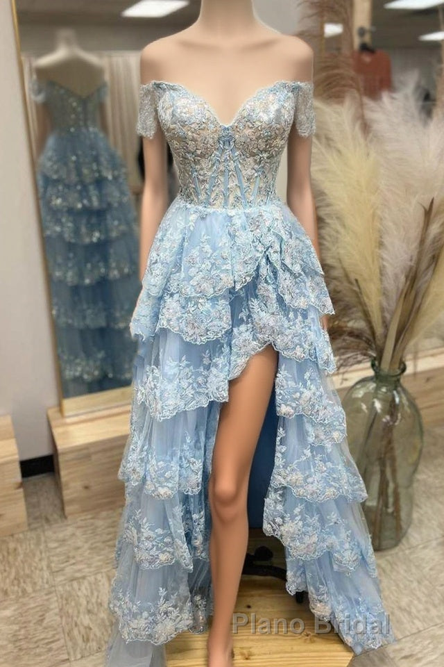 Light Blue Lace Sweetheart Tiered Long Formal Prom Dresses with Slit Main image