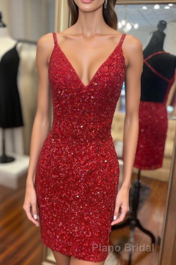 Tight V-Neck Red Mini Party Dresses