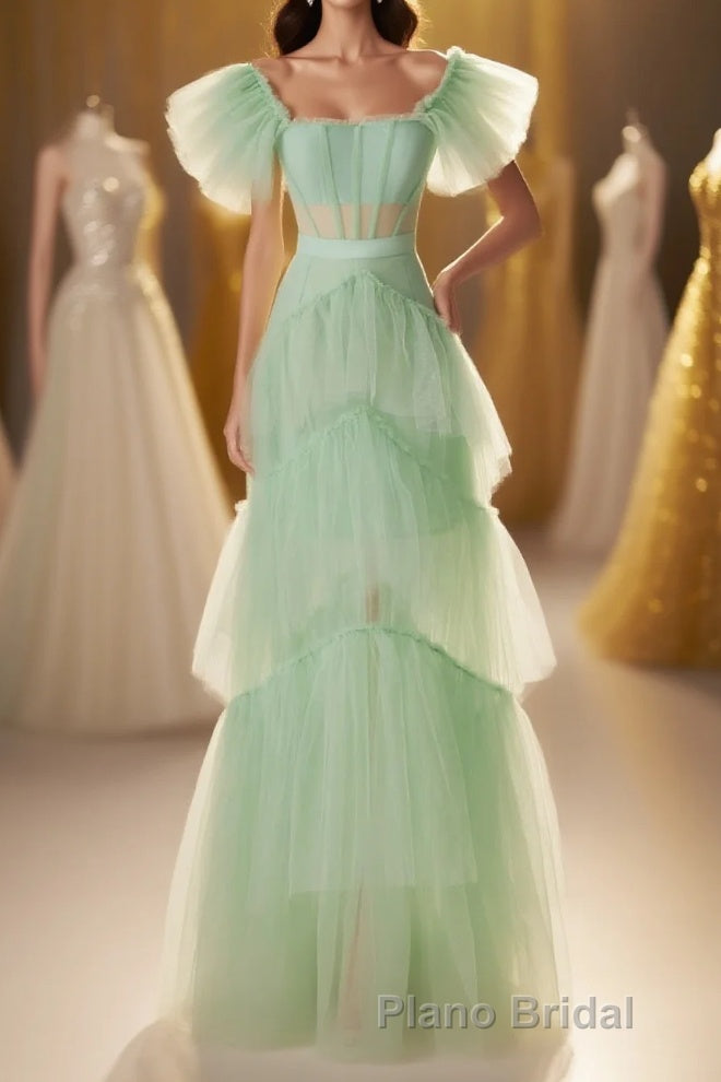 Mint Green Flare Sleeves Ruffles Long Party Dresses Main image