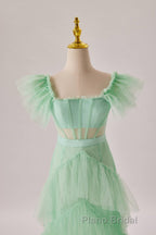 Mint Green Flare Sleeves Ruffles Long Party Dresses