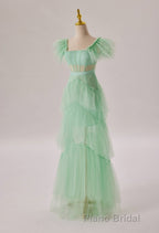 Mint Green Flare Sleeves Ruffles Long Party Dresses