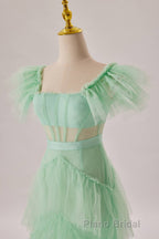 Mint Green Flare Sleeves Ruffles Long Party Dresses