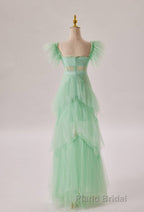 Mint Green Flare Sleeves Ruffles Long Party Dresses