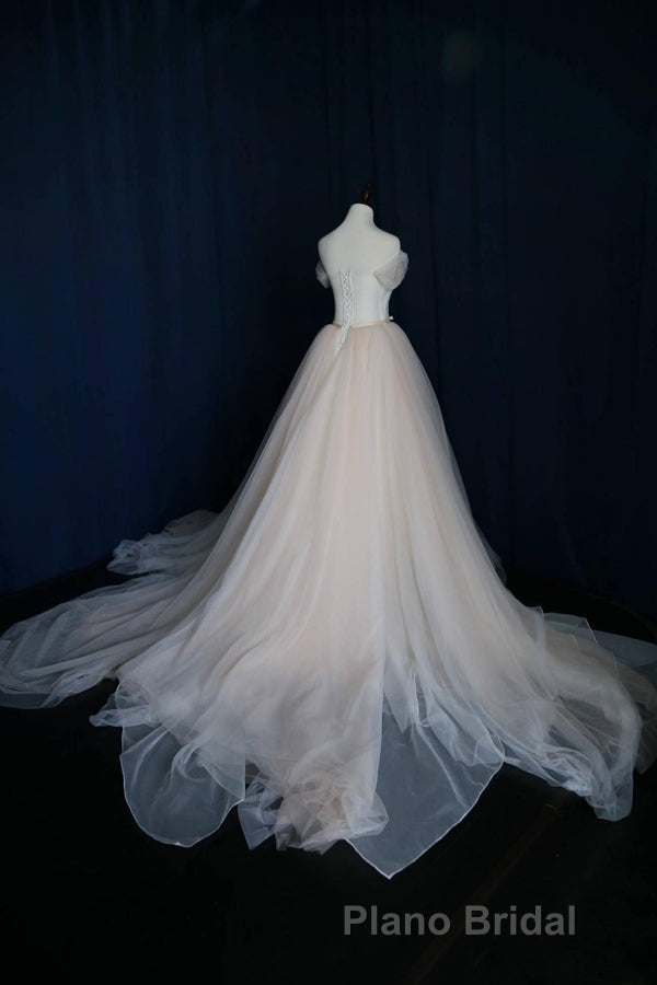Elegant V Neck Off-shoulder Tulle Pleat Sweep Train Wedding Dresses Secondary image
