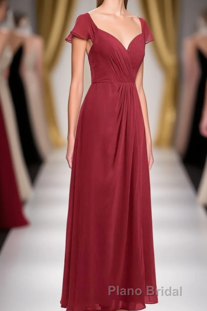 Wine Red Chiffon Backless Ruffled Sleeve Long Bridesmaid Dresses Main image