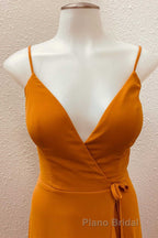 Rust V-Neck Spaghetti Straps Ruffled Long Bridesmaid Dresses