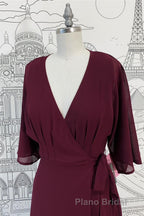 Wrap V Neck Sleeves Chiffon Long Bridesmaid Dresses with Sash