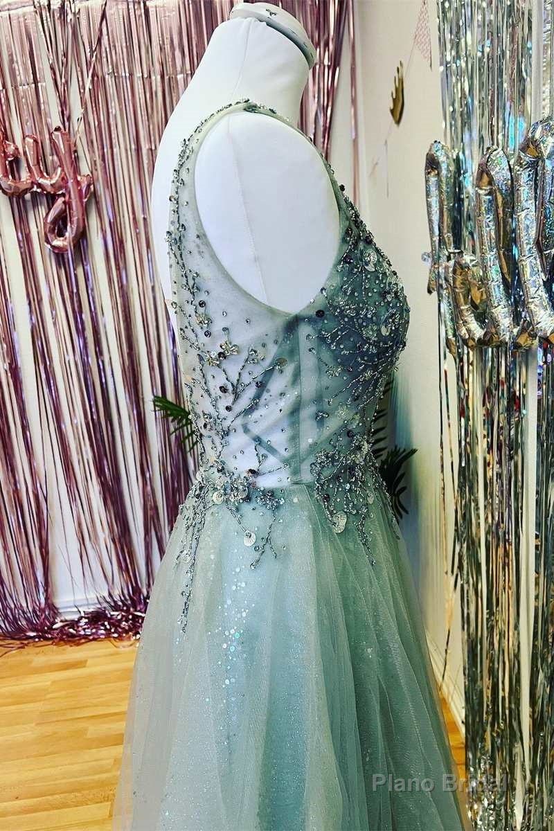 Mint Green Beaded V-Neck Backless A-Line Prom Dress Secondary image