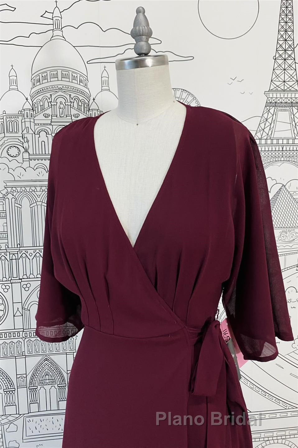 Wrap V Neck Sleeves Chiffon Long Bridesmaid Dresses with Sash Secondary image