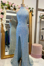 Blue Sequin Halter Long Prom Dresses with Slit