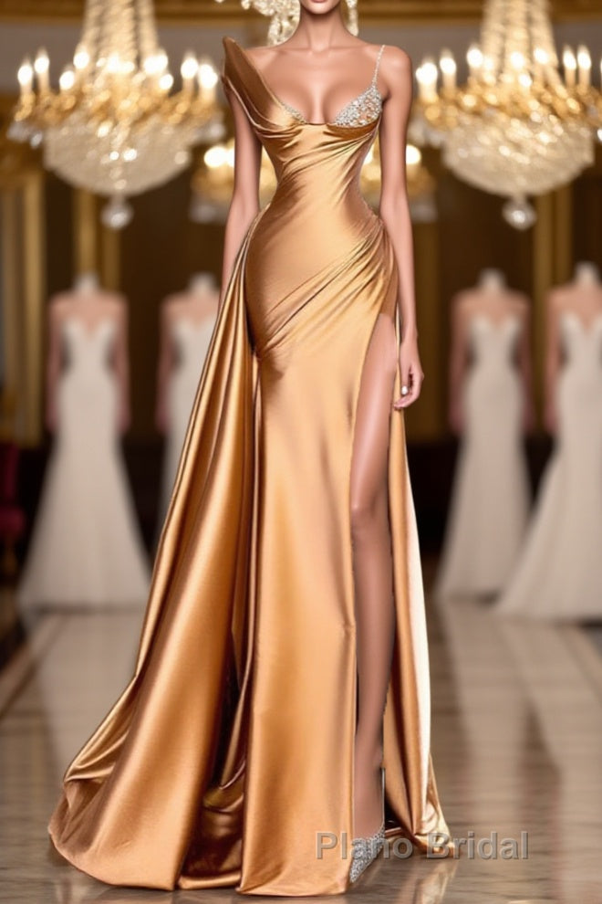 One Shoulder Long Sleeves Mermaid Formal Prom Dresses Split With Beads Main image