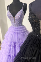 Black Layers Plunging V A-line Floral Long Formal Prom Dresses