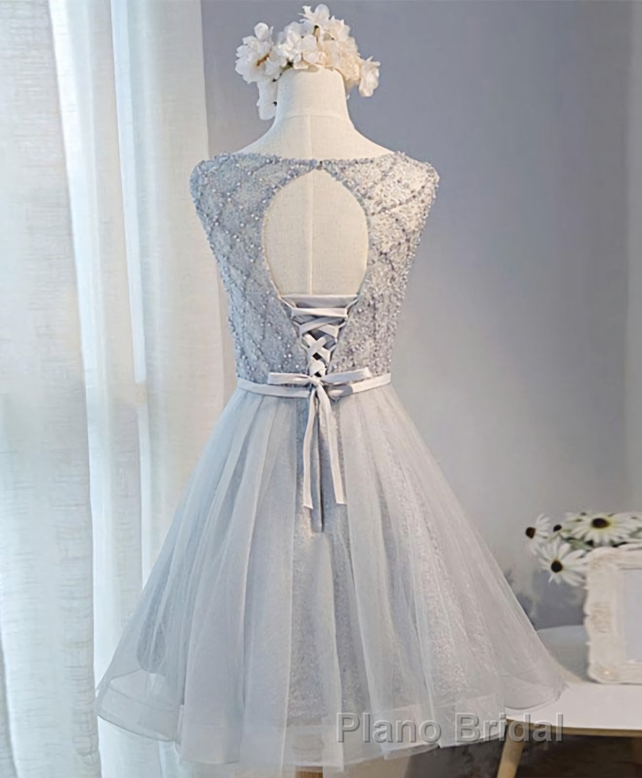 Gray Tulle Beads Short Formal Prom Dresses, Gray Homecoming Dresses