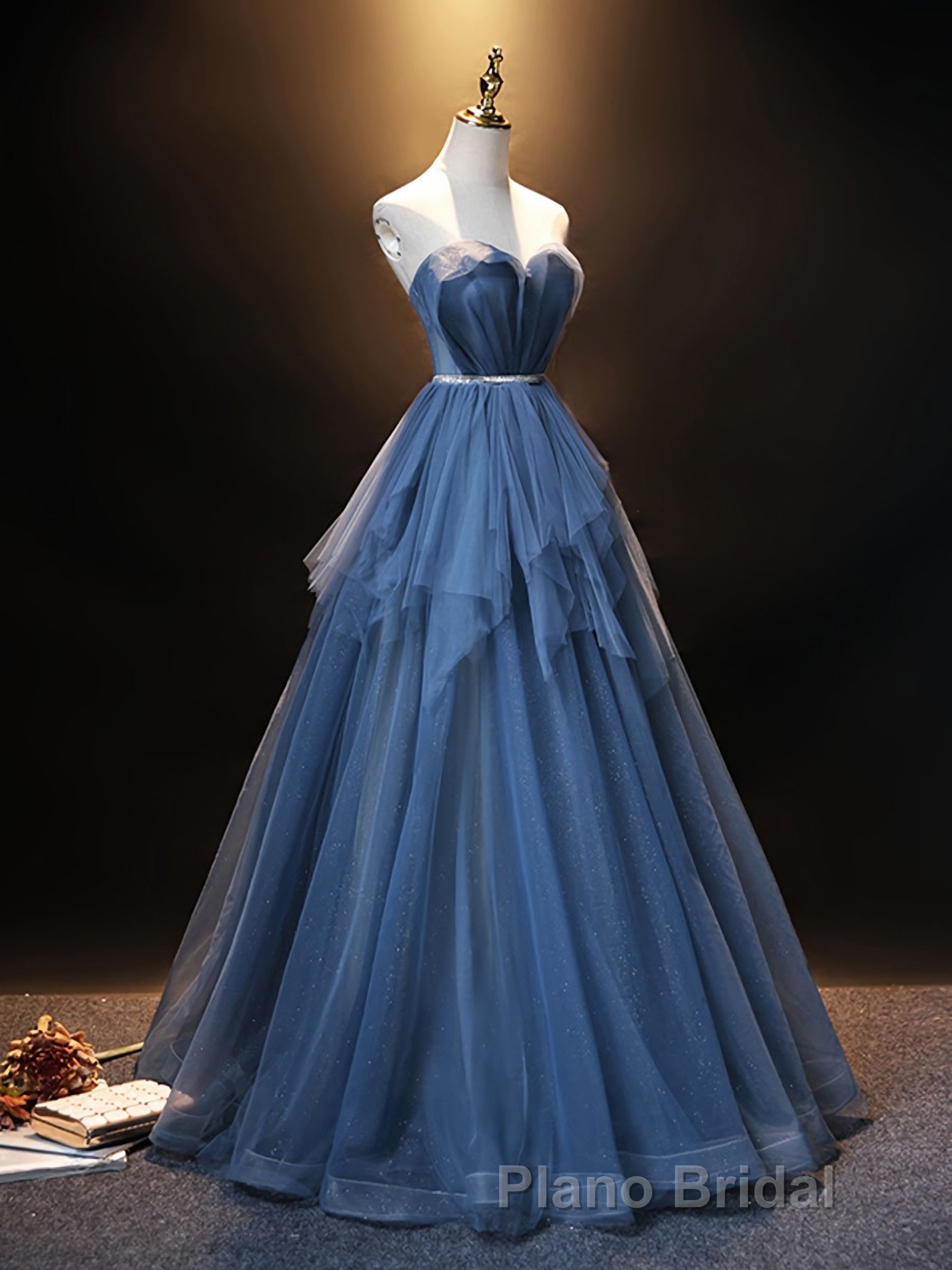 Blue Sweetheart Neck Tulle Long Formal Prom Dresses, Blue Evening Dresses