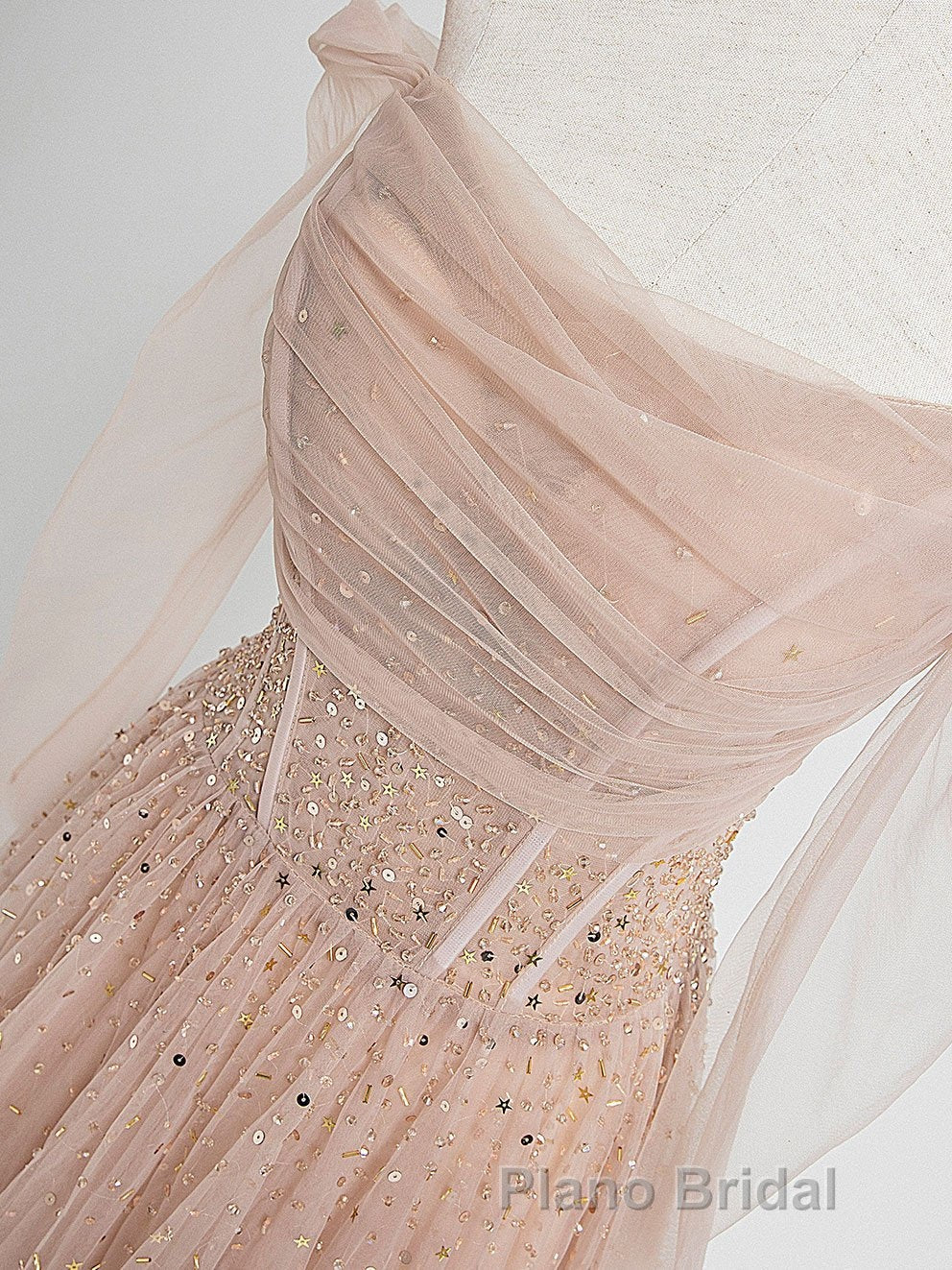 Champagne Pink Tulle Beads Long Formal Prom Dresses, Champagne Evening Dresses Secondary image