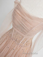 Champagne Pink Tulle Beads Long Formal Prom Dresses, Champagne Evening Dresses
