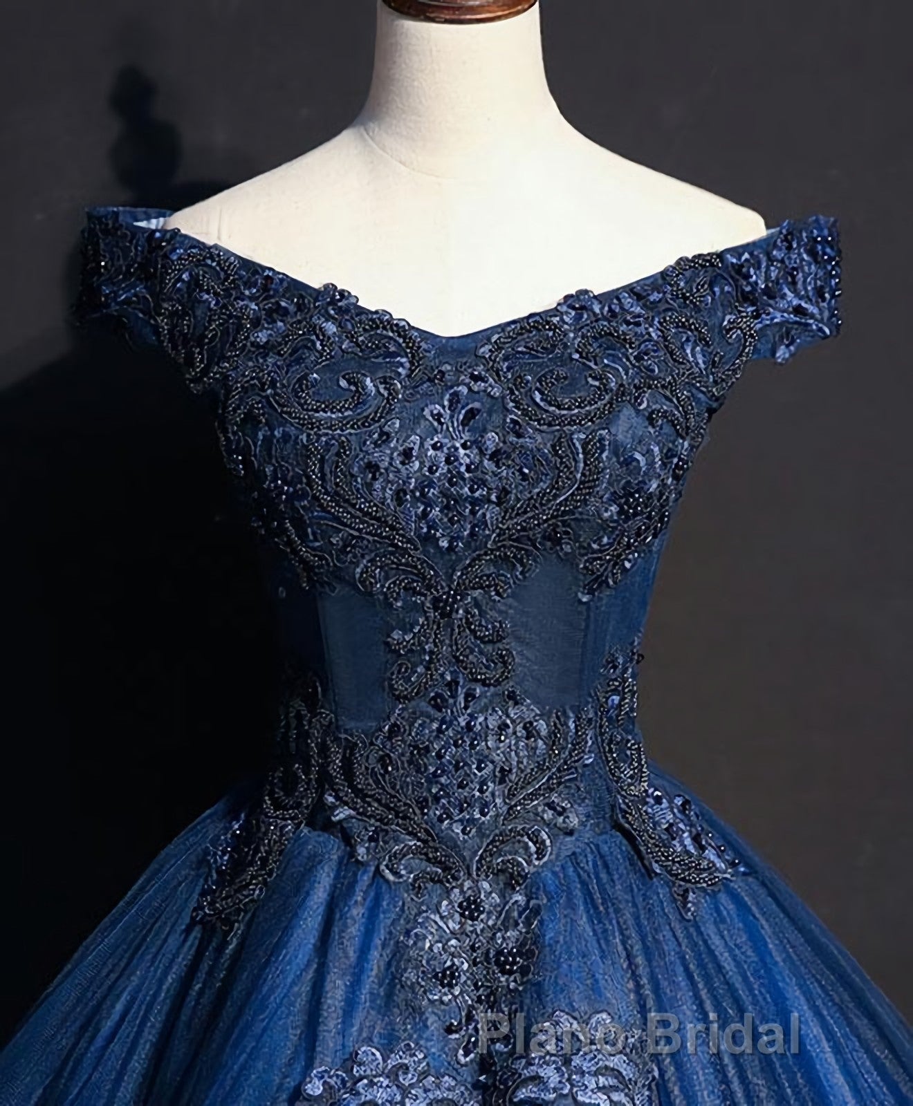 Blue Tulle Lace Off Shoulder Long Formal Prom Dresses, Blue Tulle Lace Evening Dresses Secondary image